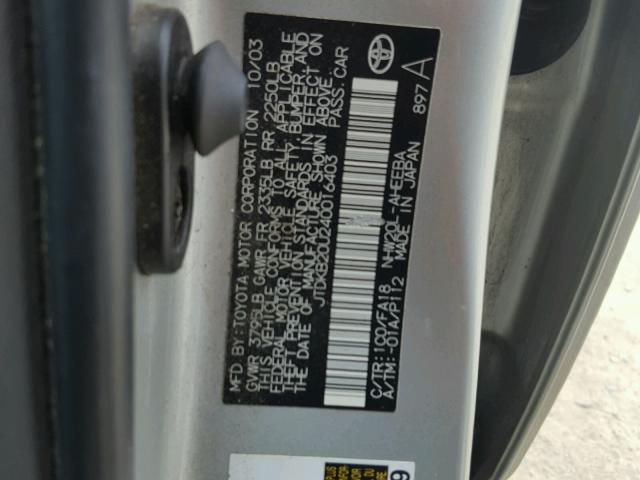 JTDKB20U240016403 - 2004 TOYOTA PRIUS SILVER photo 10