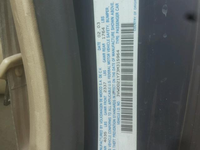 3VWDD21Y73M315964 - 2003 VOLKSWAGEN NEW BEETLE 蓝色 照片 10