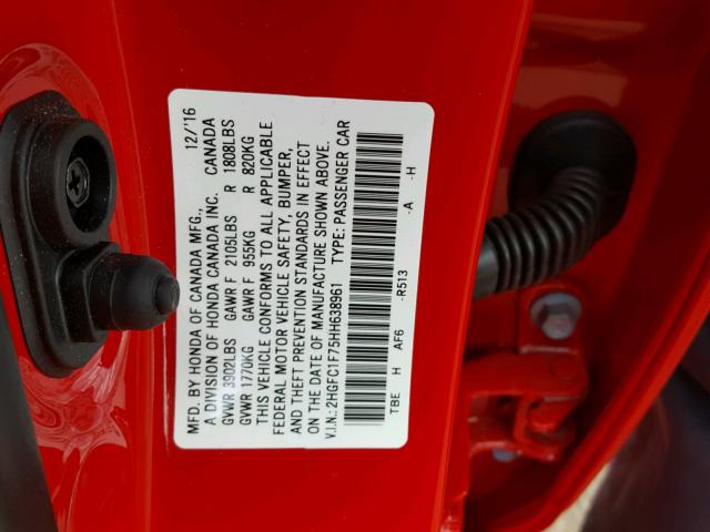 2HGFC1F75HH638961 - 2017 HONDA CIVIC EXL RED photo 10