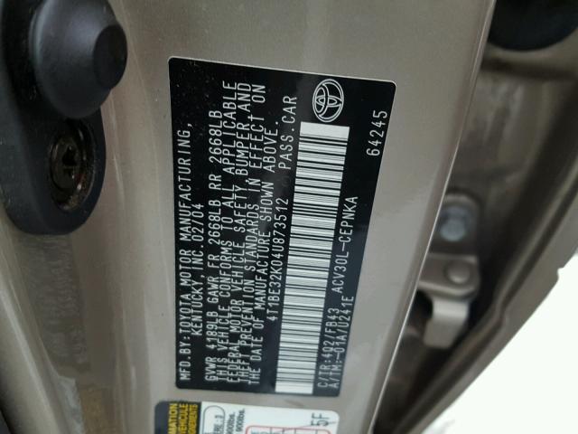 4T1BE32K04U873512 - 2004 TOYOTA CAMRY LE GOLD photo 10