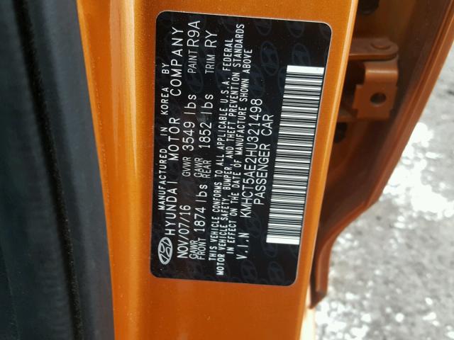 KMHCT5AE2HU321498 - 2017 HYUNDAI ACCENT SE ORANGE photo 10