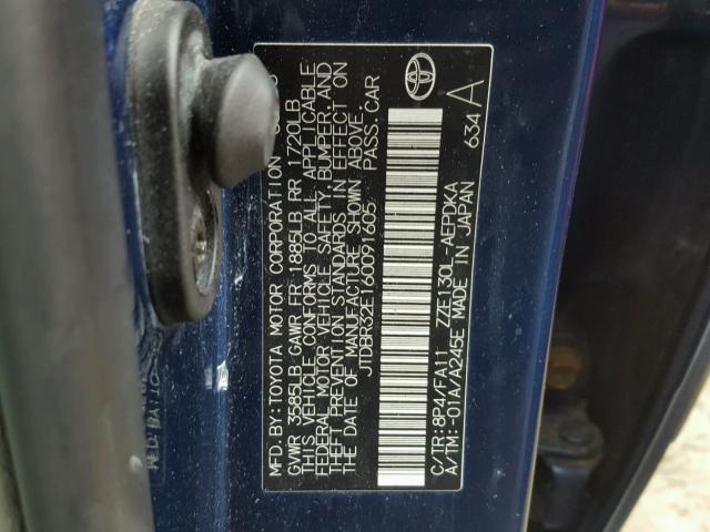 JTDBR32E160091605 - 2006 TOYOTA COROLLA CE BLUE photo 10