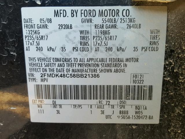 2FMDK48C58BB21386 - 2008 FORD EDGE SEL BLACK photo 10