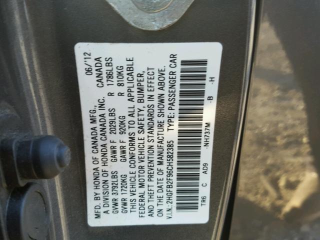 2HGFB2F96CH582385 - 2012 HONDA CIVIC EXL GRAY photo 10