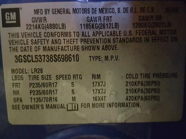 3GSCL53738S698610 - 2008 SATURN VUE XR BLUE photo 10