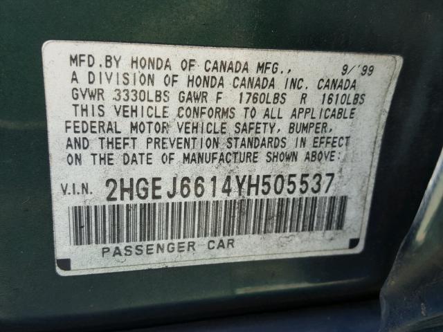 2HGEJ6614YH505537 - 2000 HONDA CIVIC BASE GREEN photo 10