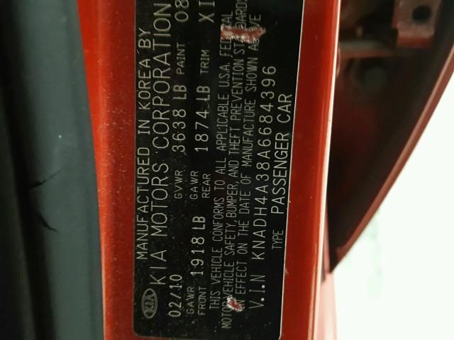 KNADH4A38A6684396 - 2010 KIA RIO LX Կարմիր լուսանկար 10