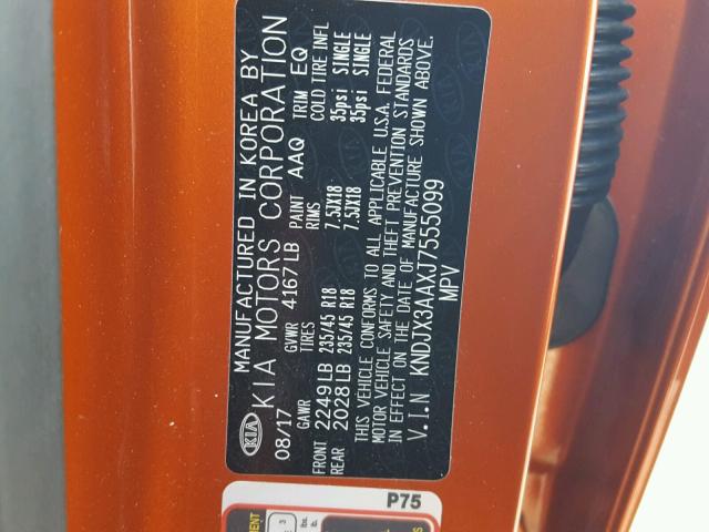 KNDJX3AAXJ7555099 - 2018 KIA SOUL ! ORANGE photo 10