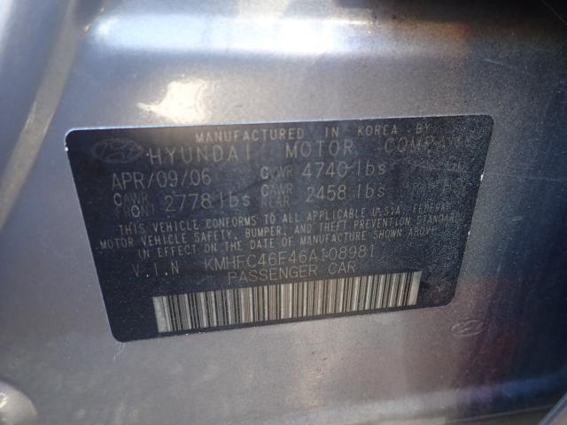 KMHFC46F46A108981 - 2006 HYUNDAI AZERA SE GRAY photo 10