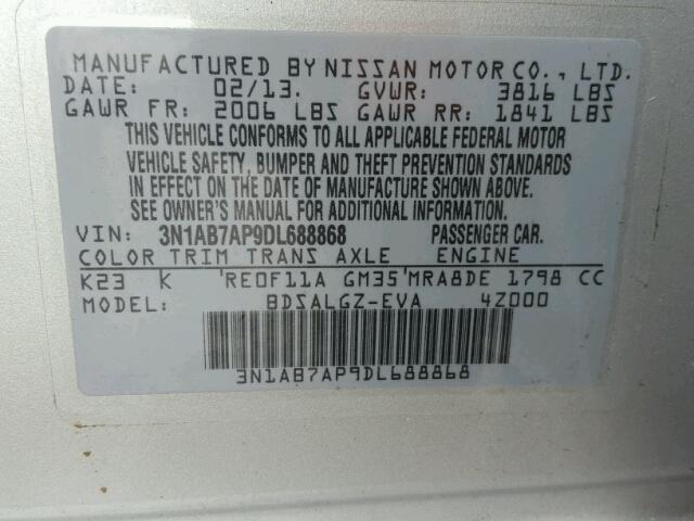 3N1AB7AP9DL688868 - 2013 NISSAN SENTRA S SILVER photo 10