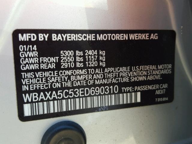 WBAXA5C53ED690310 - 2014 BMW 535 D SILVER photo 10