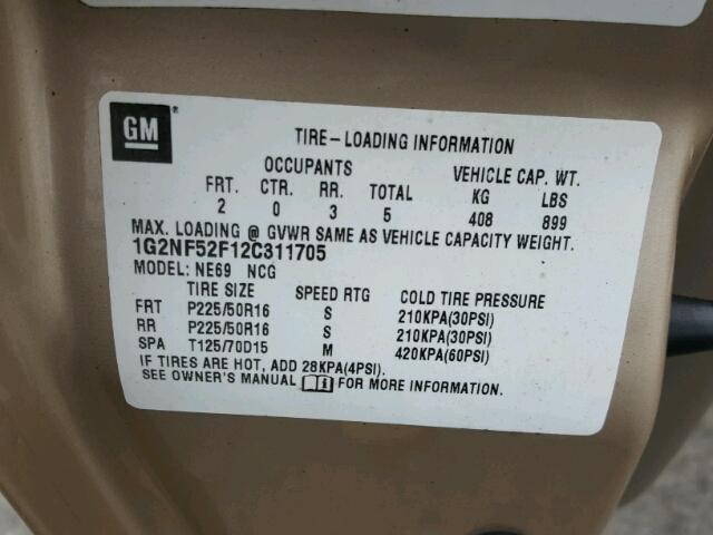 1G2NF52F12C311705 - 2002 PONTIAC GRAND AM S ოქროსფერი ფოტო 10