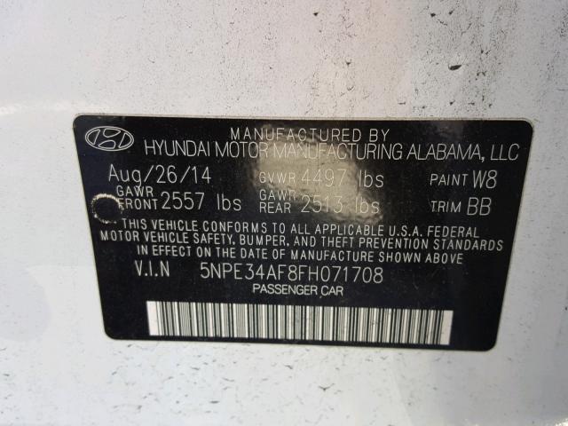 5NPE34AF8FH071708 - 2015 HYUNDAI SONATA SPO WHITE photo 10