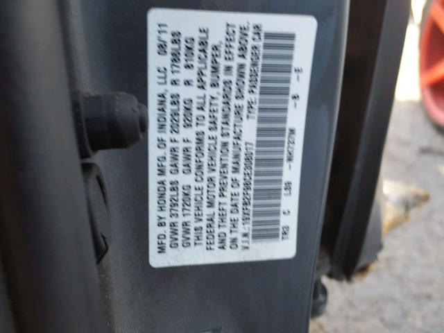 19XFB2F98CE308017 - 2012 HONDA CIVIC EXL ნაცრისფერი ფოტო 10