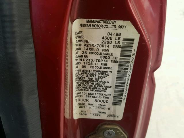1N6SD16S8TC337981 - 1996 NISSAN TRUCK KING RED photo 10