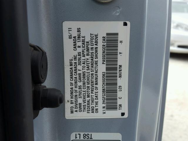 2HGFG3B87CH502063 - 2012 HONDA CIVIC EX SILVER photo 10