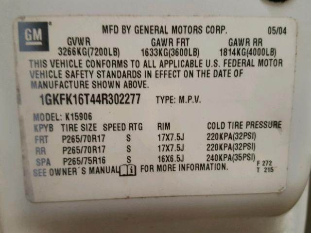 1GKFK16T44R302277 - 2004 GMC YUKON XL K WHITE photo 10