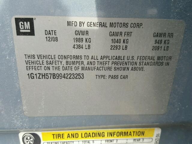 1G1ZH57B994223253 - 2009 CHEVROLET MALIBU 1LT BLUE photo 10