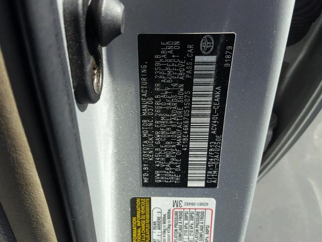 4T1BE46K67U515075 - 2007 TOYOTA CAMRY NEW SILVER photo 10