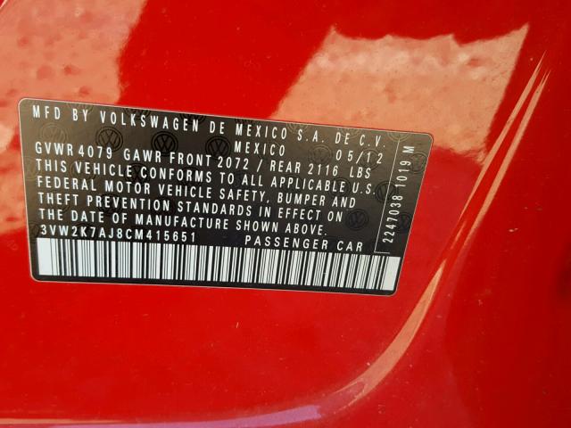 3VW2K7AJ8CM415651 - 2012 VOLKSWAGEN JETTA BASE RED photo 10