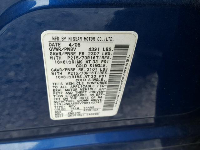 JN8AS58V78W142743 - 2008 NISSAN ROGUE S BLUE photo 10