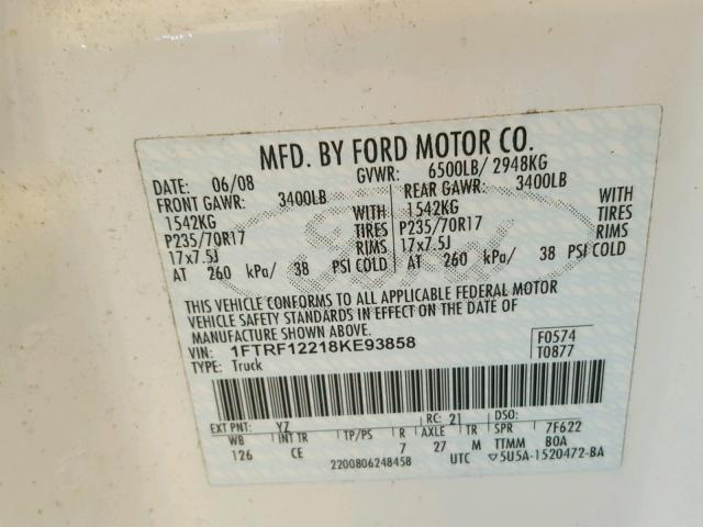 1FTRF12218KE93858 - 2008 FORD F150 WHITE photo 10