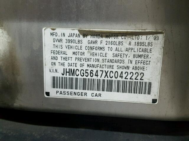 JHMCG5647XC042222 - 1999 HONDA ACCORD LX GRAY photo 10