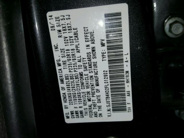 5J8TB4H32FL012902 - 2015 ACURA RDX BASE BLACK photo 10