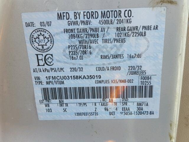 1FMCU03158KA35019 - 2008 FORD ESCAPE XLT WHITE photo 10