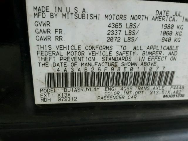 4A3AB26F98E011077 - 2008 MITSUBISHI GALANT DE BLACK photo 10