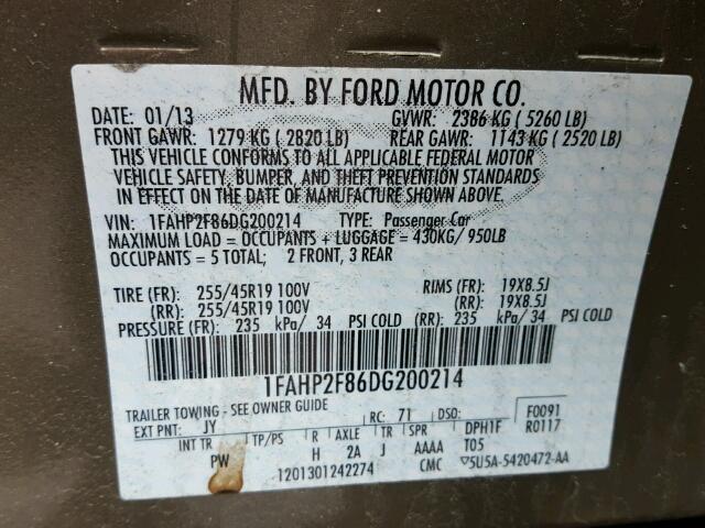 1FAHP2F86DG200214 - 2013 FORD TAURUS LIM GREEN photo 10