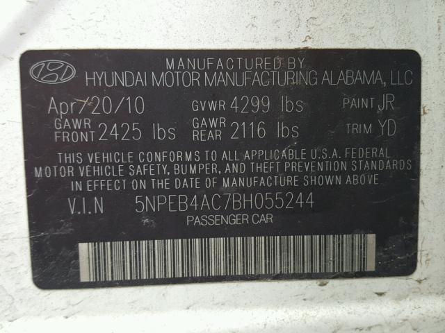 5NPEB4AC7BH055244 - 2011 HYUNDAI SONATA GLS WHITE photo 10