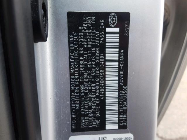 4T4BE46K79R134084 - 2009 TOYOTA CAMRY BASE SILVER photo 10