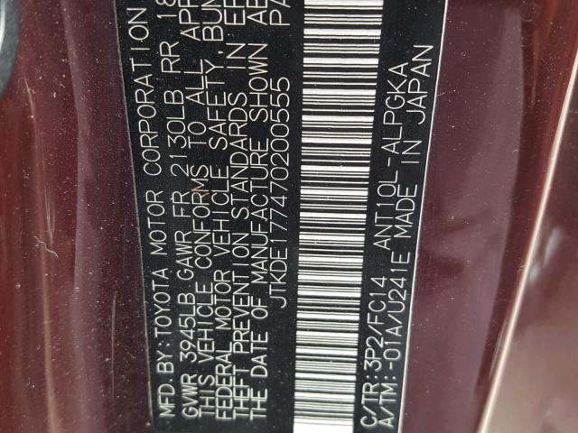 JTKDE177470200555 - 2007 TOYOTA SCION TC 栗色 照片 10