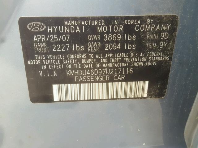 KMHDU46D97U217116 - 2007 HYUNDAI ELANTRA GL BLUE photo 10