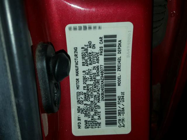 1NXBU4EEXAZ348077 - 2010 TOYOTA COROLLA BA RED photo 10