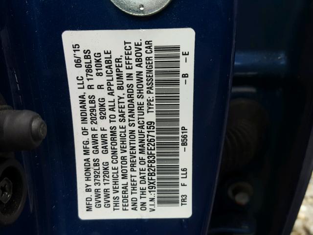 19XFB2F83FE267159 - 2015 HONDA CIVIC EX BLUE photo 10