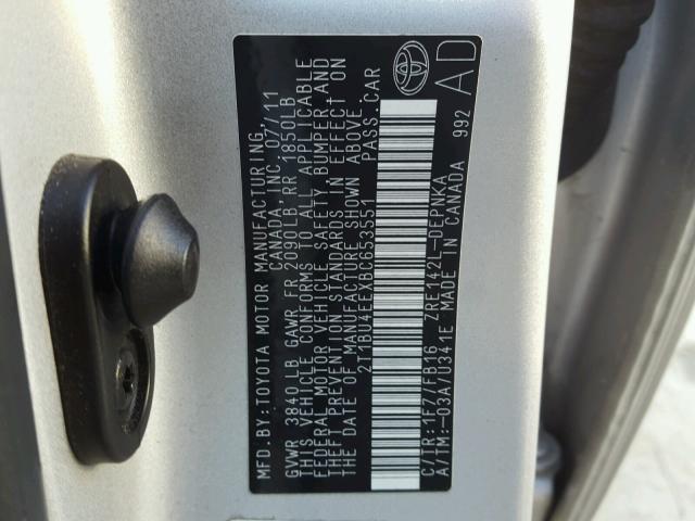 2T1BU4EEXBC653551 - 2011 TOYOTA COROLLA BA SILVER photo 10