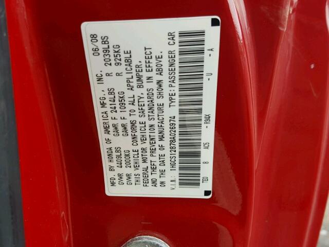 1HGCS12878A026974 - 2008 HONDA ACCORD EXL RED photo 10