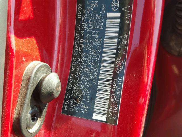 JTDKN3DU7A0067186 - 2010 TOYOTA PRIUS RED photo 10