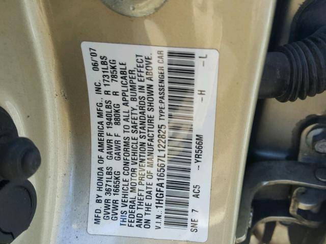 1HGFA16567L122825 - 2007 HONDA CIVIC LX GOLD photo 10