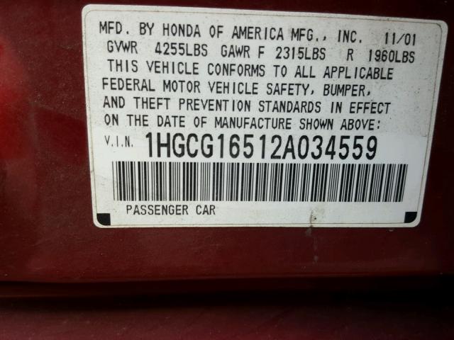 1HGCG16512A034559 - 2002 HONDA ACCORD EX RED photo 10