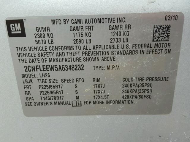 2CNFLEEW5A6348232 - 2010 CHEVROLET EQUINOX LT SILVER photo 10