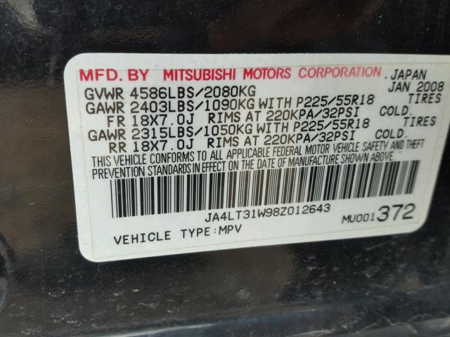 JA4LT31W98Z012643 - 2008 MITSUBISHI OUTLANDER BLACK photo 10