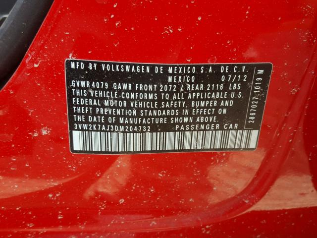 3VW2K7AJ3DM204732 - 2013 VOLKSWAGEN JETTA BASE 红色 照片 10