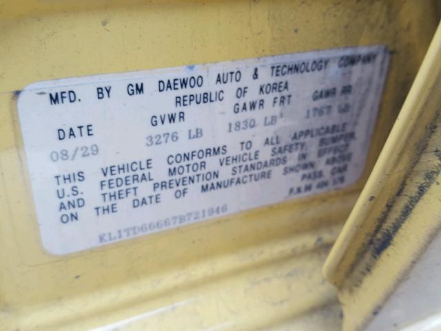 KL1TD66667B721946 - 2007 CHEVROLET AVEO BASE Sarı fotoğraf 10