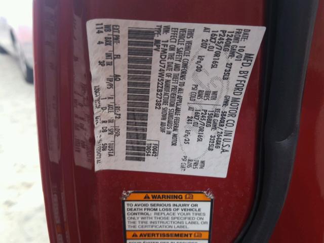 1FMDU74W52ZB27382 - 2002 FORD EXPLORER E RED photo 10