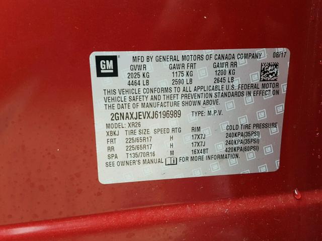 2GNAXJEVXJ6196989 - 2018 CHEVROLET EQUINOX LT RED photo 10