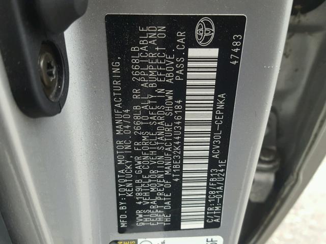 4T1BE32K44U346184 - 2004 TOYOTA CAMRY LE SILVER photo 10