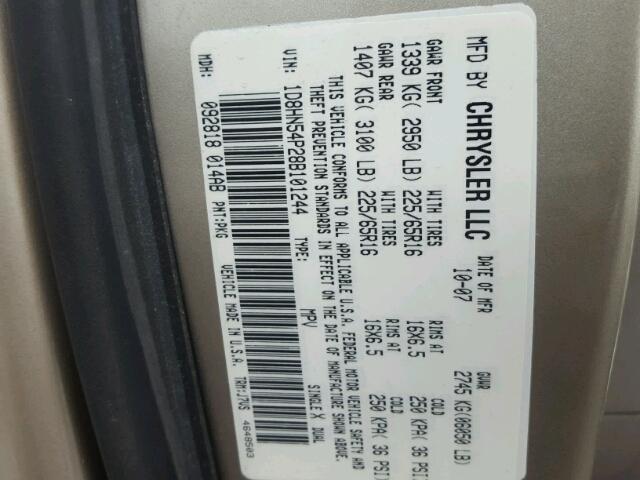 1D8HN54P28B101244 - 2008 DODGE GRAND CARA TAN photo 10